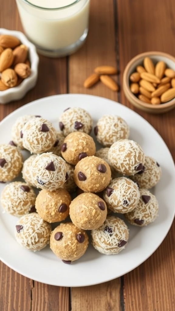 Low Carb Protein Energy Balls Recipe A plate of low carb protein energy balls coated with coconut and chocolate chips, with nuts and almond milk in the background.